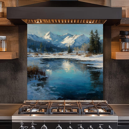 Winter Mountain Landscape Glass Backsplash: Tempered Glass Stove Panel