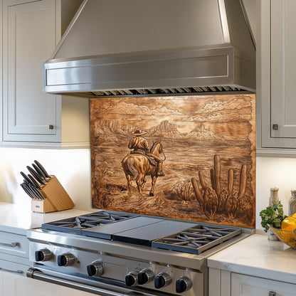 Western cowboy backsplash, heat-resistant tempered glass, rustic copper wall protector, easy clean kitchen wall protector, stove backsplash art, cowboy kitchen wall decor, Western kitchen protector