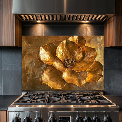 Golden Flower Tempered Glass Stove Backsplash: Rustic Kitchen Decor