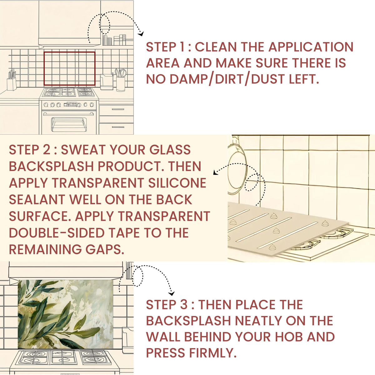 Olive Branch Kitchen Backsplash – Mediterranean Tempered Glass Splashback with Green Olive Leaves Design