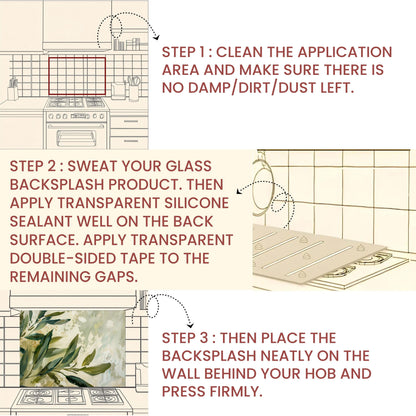 Olive Branch Kitchen Backsplash – Mediterranean Tempered Glass Splashback with Green Olive Leaves Design