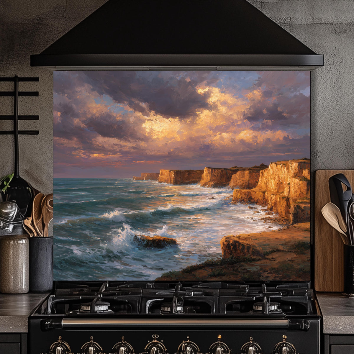 Ocean Cliff Sunset Backsplash - Tempered Glass Kitchen Splashback, Coastal Stove Wall Protector, Seascape Glass Panel for Kitchen