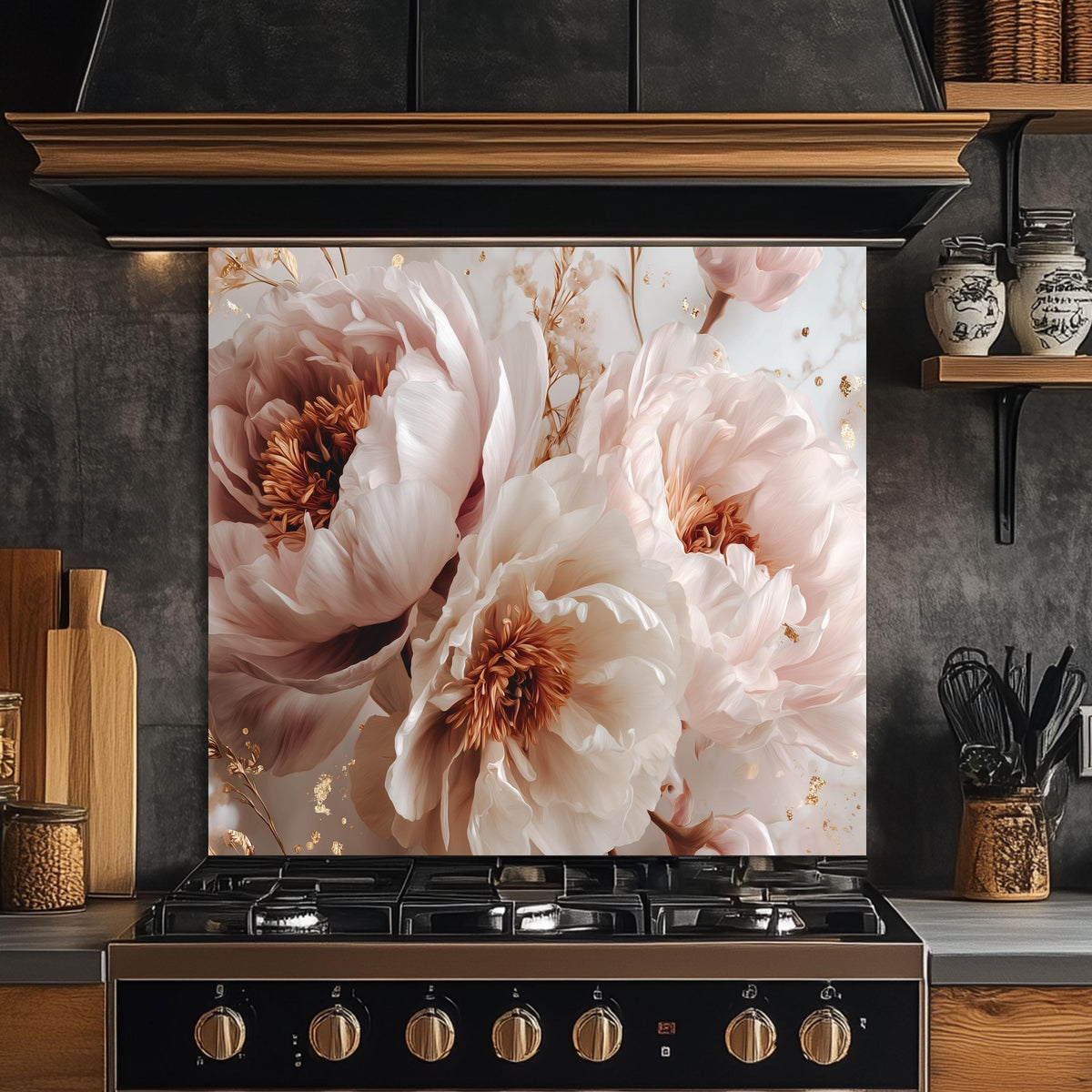 White Peony Floral Kitchen Backsplash, UV Printed Tempered Glass Art, Custom Size Design