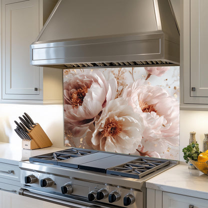 White Peony Floral Kitchen Backsplash, UV Printed Tempered Glass Art, Custom Size Design