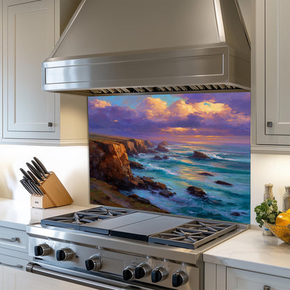 Coastal Sunset Ocean Wave Kitchen Backsplash, UV Printed Tempered Glass, Custom Size Design
