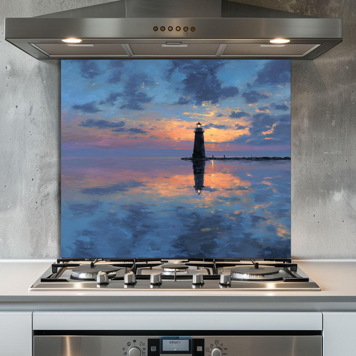 Calm Sunset Lighthouse Tempered Glass Backsplash - Coastal Nautical Stove Wall Protector - Ocean Splashback Kitchen Art