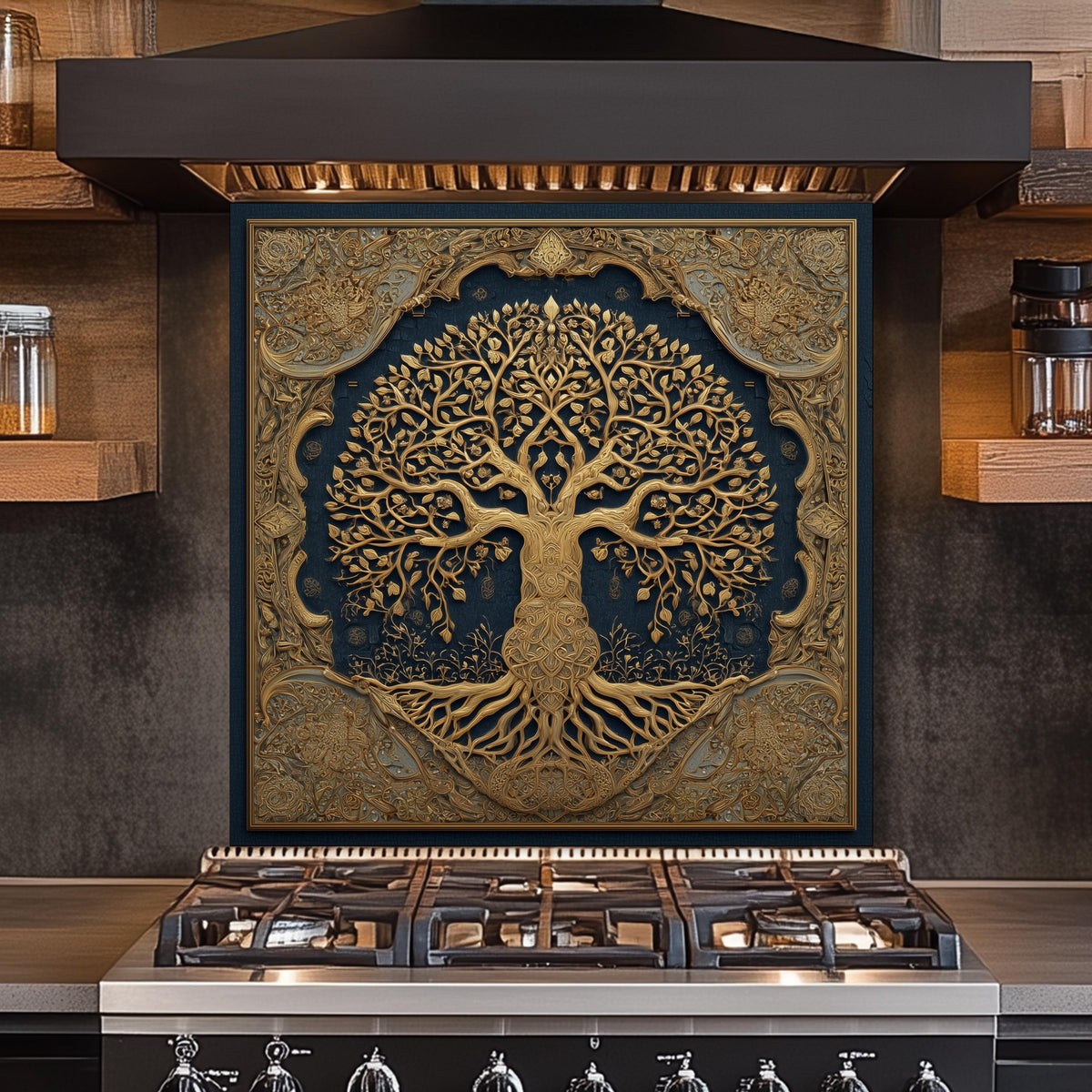 Tree of Life Backsplash, Blue and Golden Embossed Stove Cover