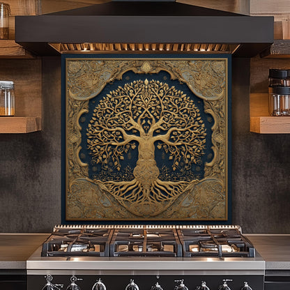 Tree of Life Backsplash, Blue and Golden Embossed Stove Cover