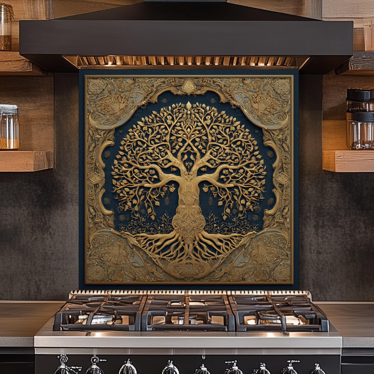 Tree of Life Backsplash, Blue and Golden Embossed Stove Cover