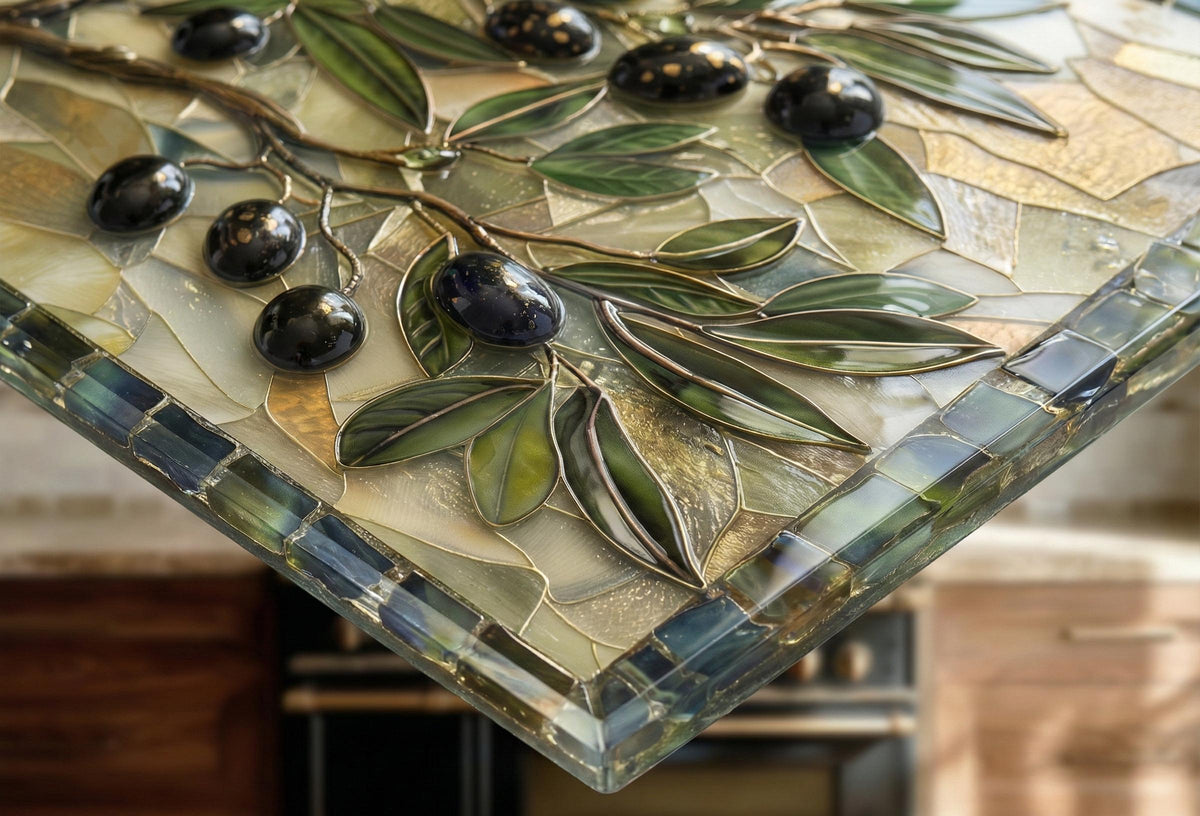 Glass Backsplash for Kitchen, Easy Clean Tempered Glass Panel, Olive Branch Mosaic Tile Design