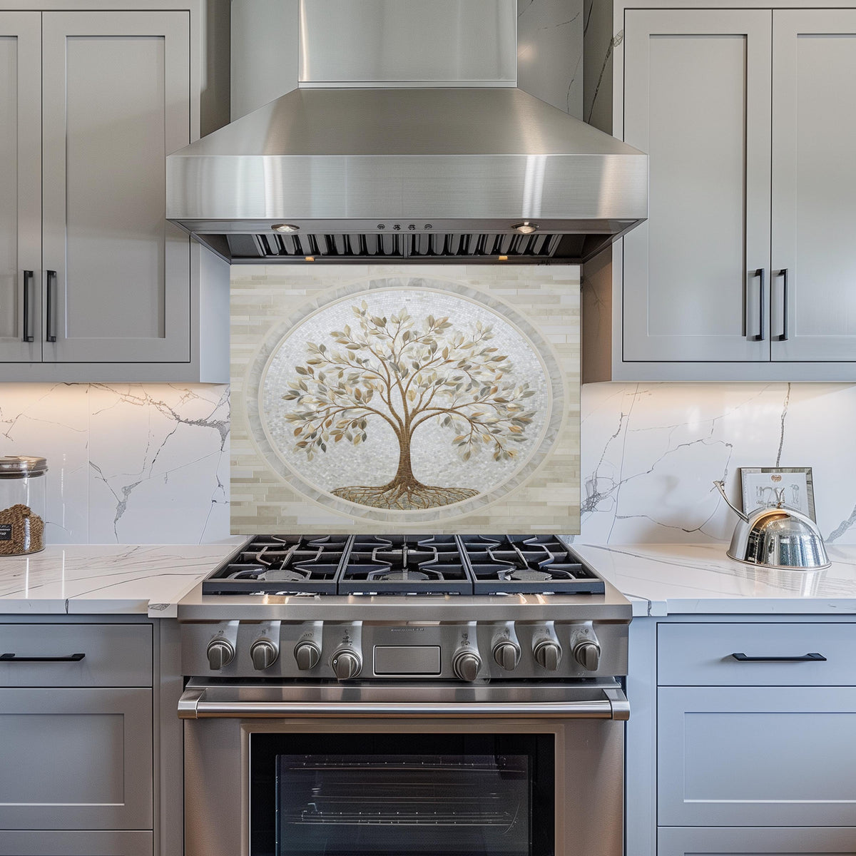 Glass Backsplash for Kitchen, Easy Clean Tempered Glass Panel, Tree of Life Marble Mosaic