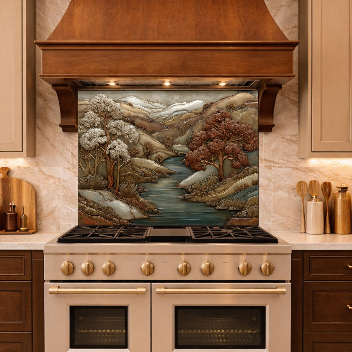3D-Effect Copper Landscape Tempered Glass Kitchen Backsplash – Mountain River Wall Panel, Custom Size