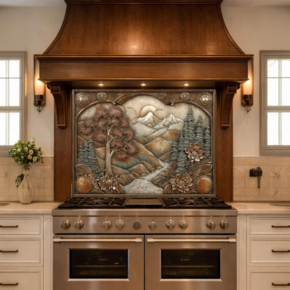 Wilderness Valley Tempered Glass Backsplash, Copper Embossed River Forest Wall Panel, Custom Size