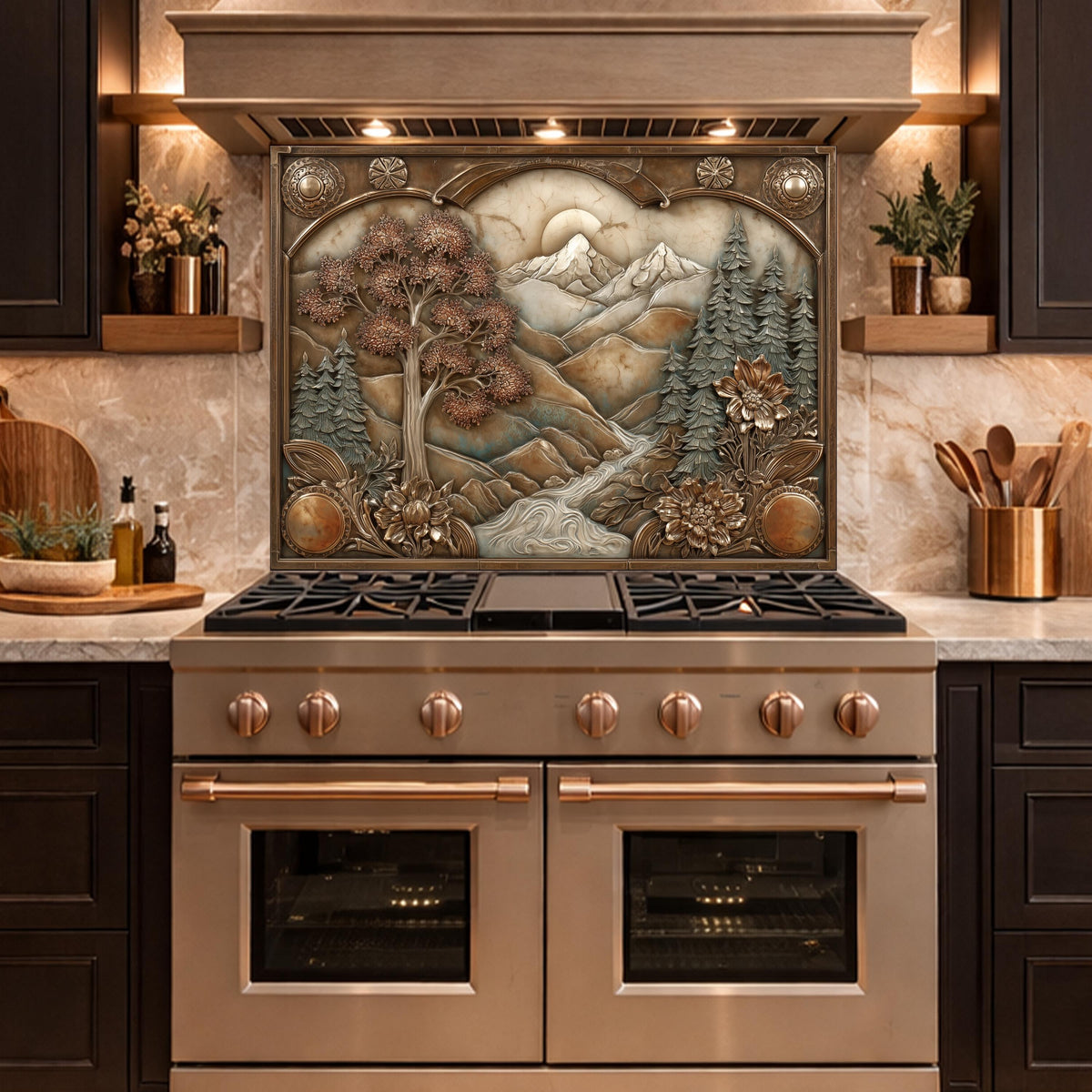 Wilderness Valley Tempered Glass Backsplash, Copper Embossed River Forest Wall Panel, Custom Size