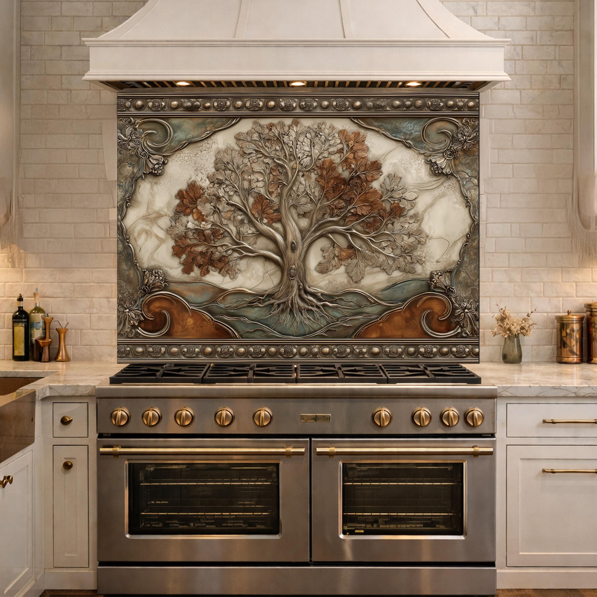Tree of Life Tempered Glass Backsplash, Copper Embossed Oak Wall Panel, Heat Resistant