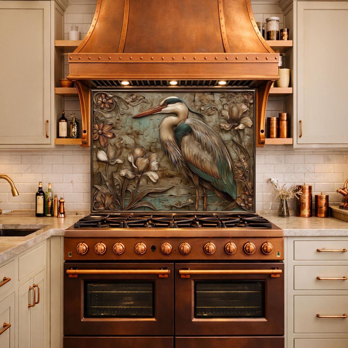 Blue Heron Tempered Glass Backsplash, Copper Look Botanical Bird Wall Panel, Custom, Heat Resistant
