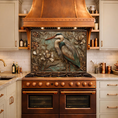 Blue Heron Tempered Glass Backsplash, Copper Look Botanical Bird Wall Panel, Custom, Heat Resistant