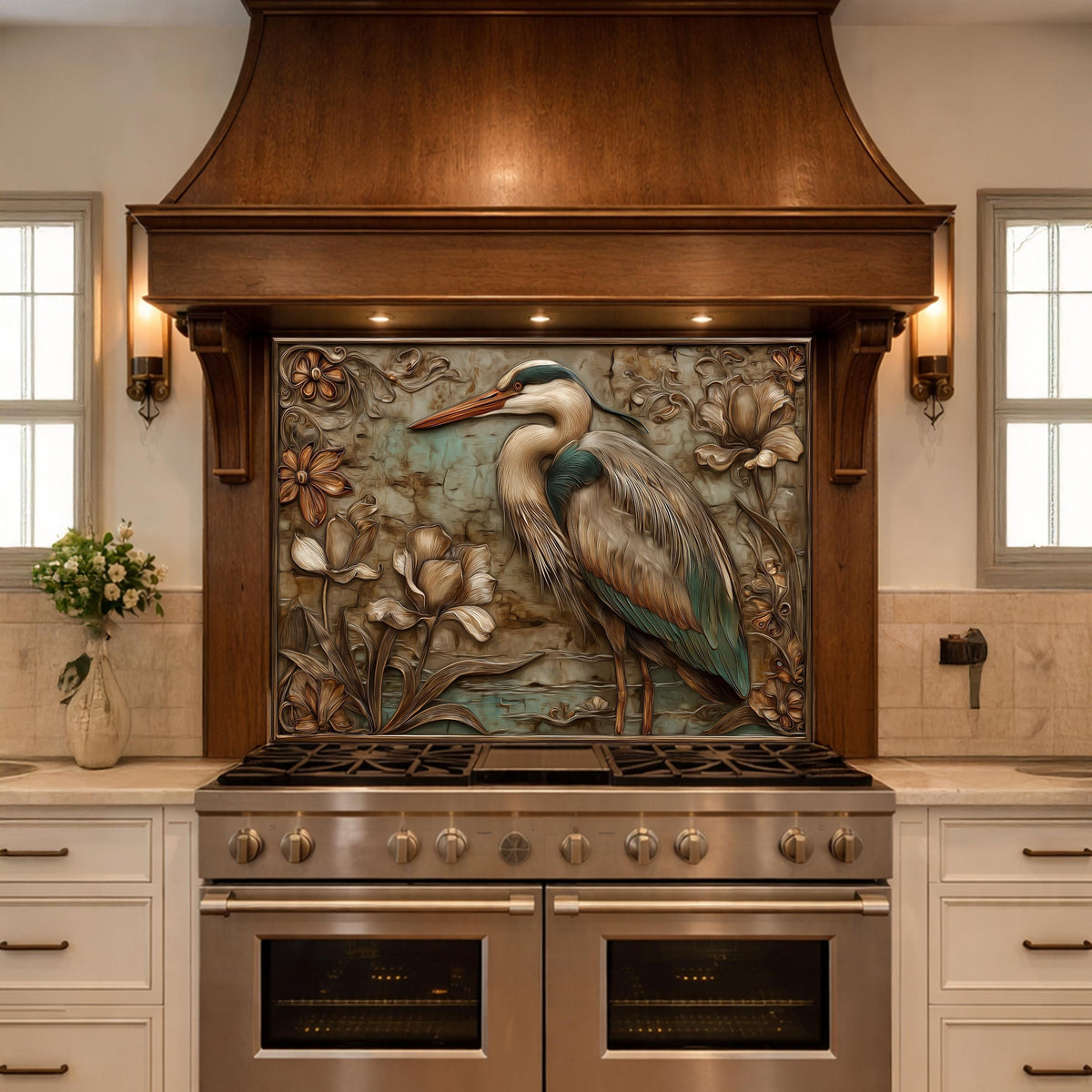 Blue Heron Tempered Glass Backsplash, Copper Look Botanical Bird Wall Panel, Custom, Heat Resistant