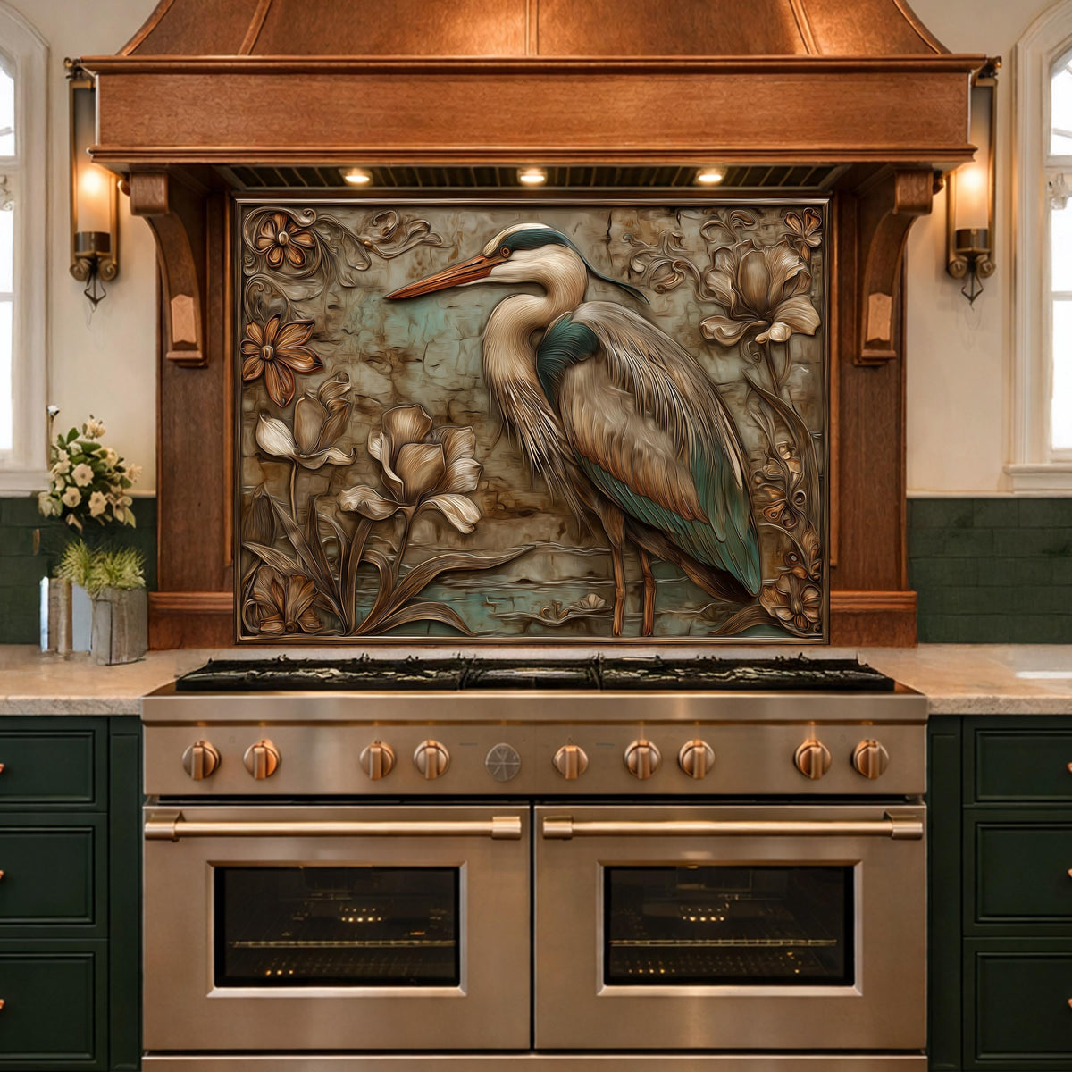 Blue Heron Tempered Glass Backsplash, Copper Look Botanical Bird Wall Panel, Custom, Heat Resistant