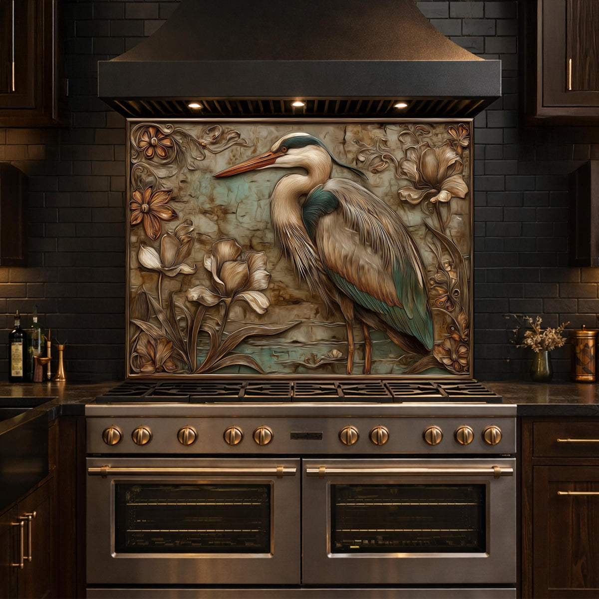 Blue Heron Tempered Glass Backsplash, Copper Look Botanical Bird Wall Panel, Custom, Heat Resistant