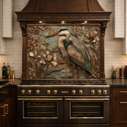 Blue Heron Tempered Glass Backsplash, Copper Look Botanical Bird Wall Panel, Custom, Heat Resistant