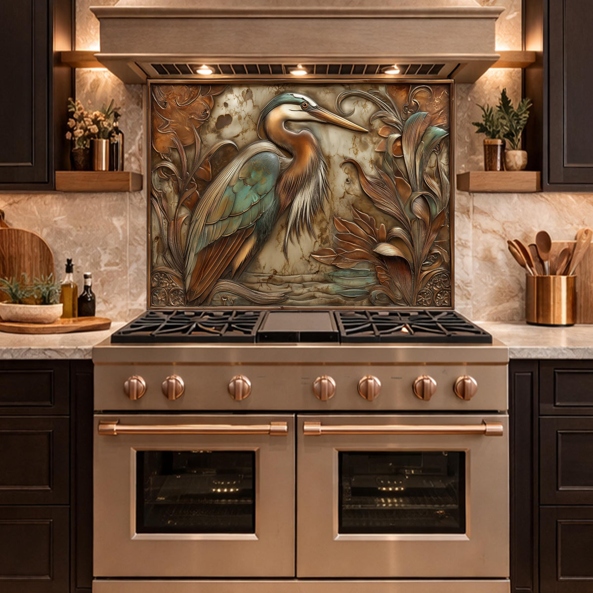 Blue Heron Tempered Glass Backsplash, Copper Botanical Bird Wall Panel, Custom Size