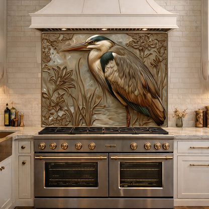 Blue Heron Tempered Glass Backsplash, Copper Look Wetland Wall Panel