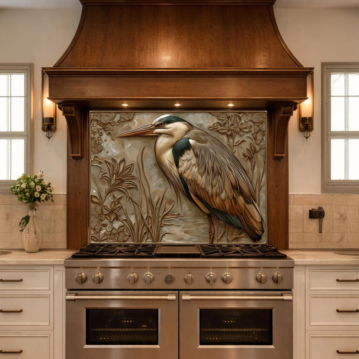 Blue Heron Tempered Glass Backsplash, Copper Look Wetland Wall Panel