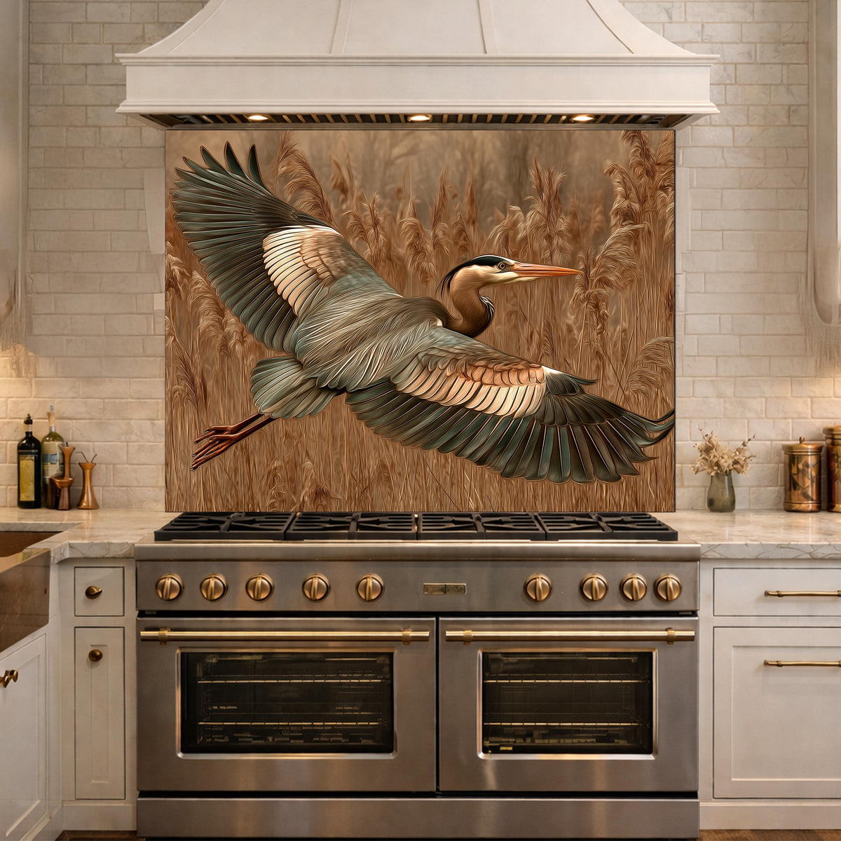 Blue Heron Flight Tempered Glass Backsplash, Copper Look Wetland Bird Wall Panel, Heat Resistant