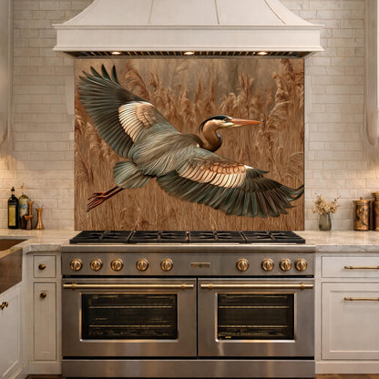 Blue Heron Flight Tempered Glass Backsplash, Copper Look Wetland Bird Wall Panel, Heat Resistant