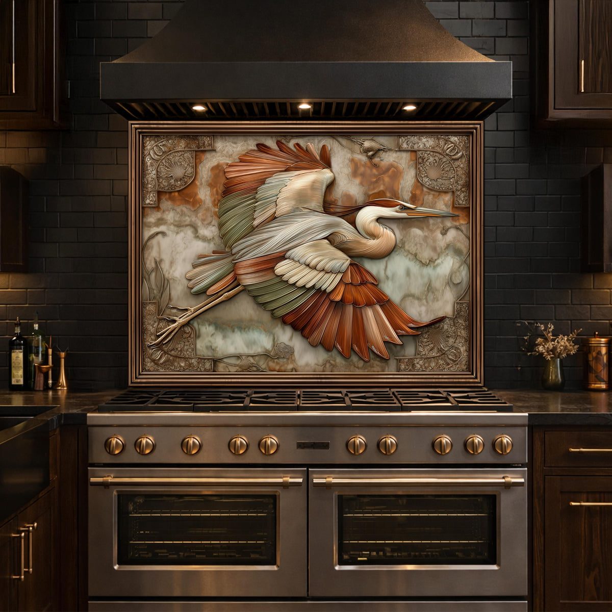 Blue Heron Flight Tempered Glass Backsplash, Copper Look Wetland Bird Wall Panel, Custom Size