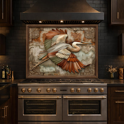 Blue Heron Flight Tempered Glass Backsplash, Copper Look Wetland Bird Wall Panel, Custom Size