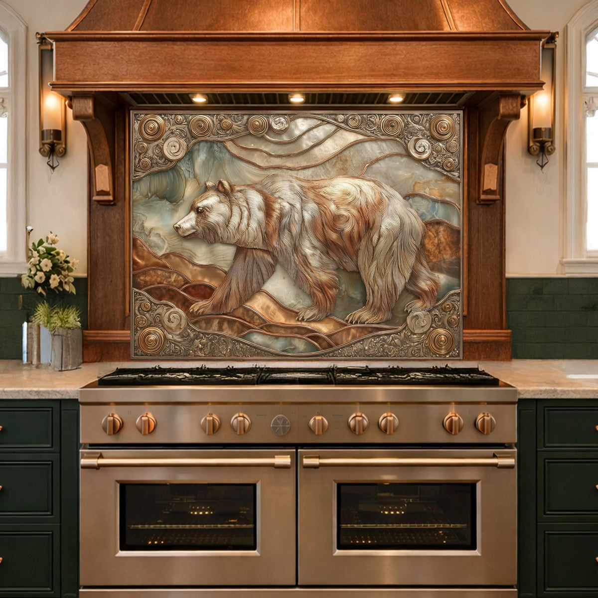 Grizzly Bear Tempered Glass Backsplash, Copper Look Wildlife Mountain Wall Panel, Custom Size