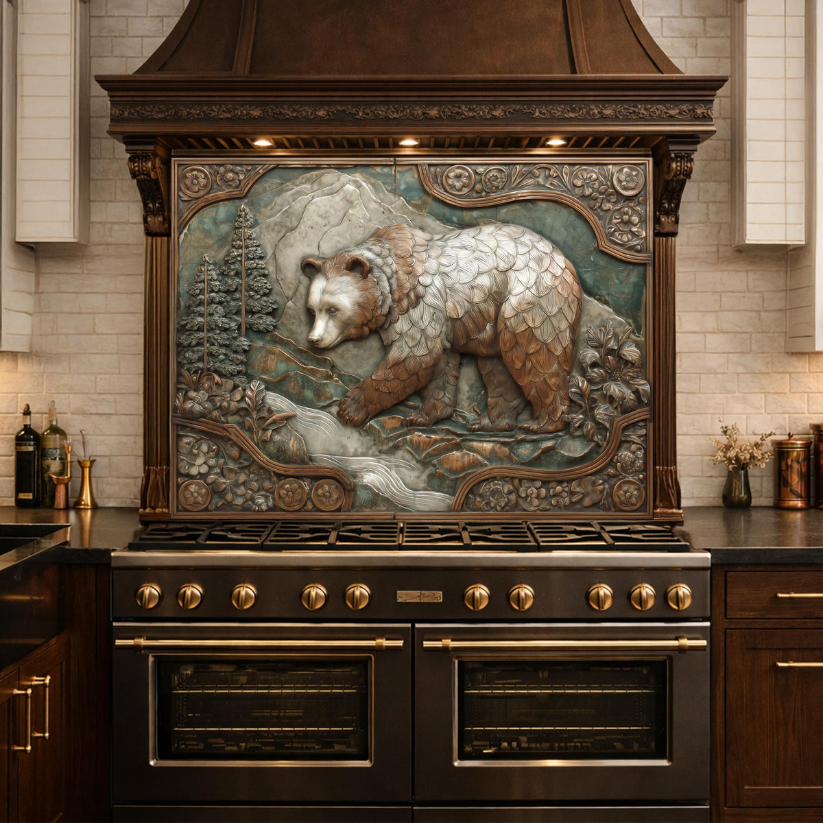 Mountain Stream Tempered Glass Backsplash, Copper Look Grizzly Bear Wall Panel, Custom Size