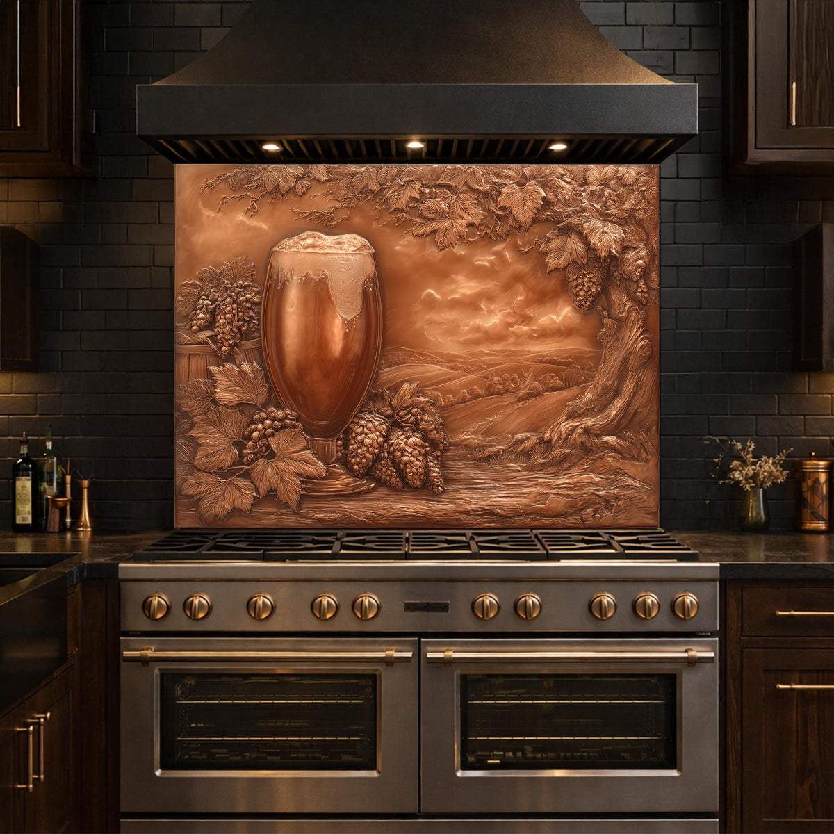Vineyard Harvest Tempered Glass Backsplash, Copper Look Vineyard Grape Wall Panel, Custom Size