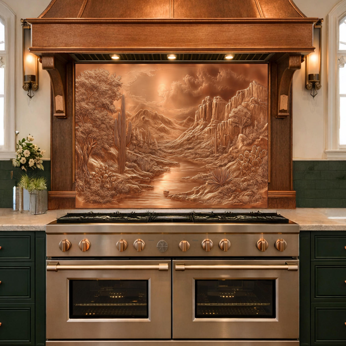 Desert Oasis Tempered Glass Backsplash, Copper Look Saguaro Cactus Wall Panel, Custom Size