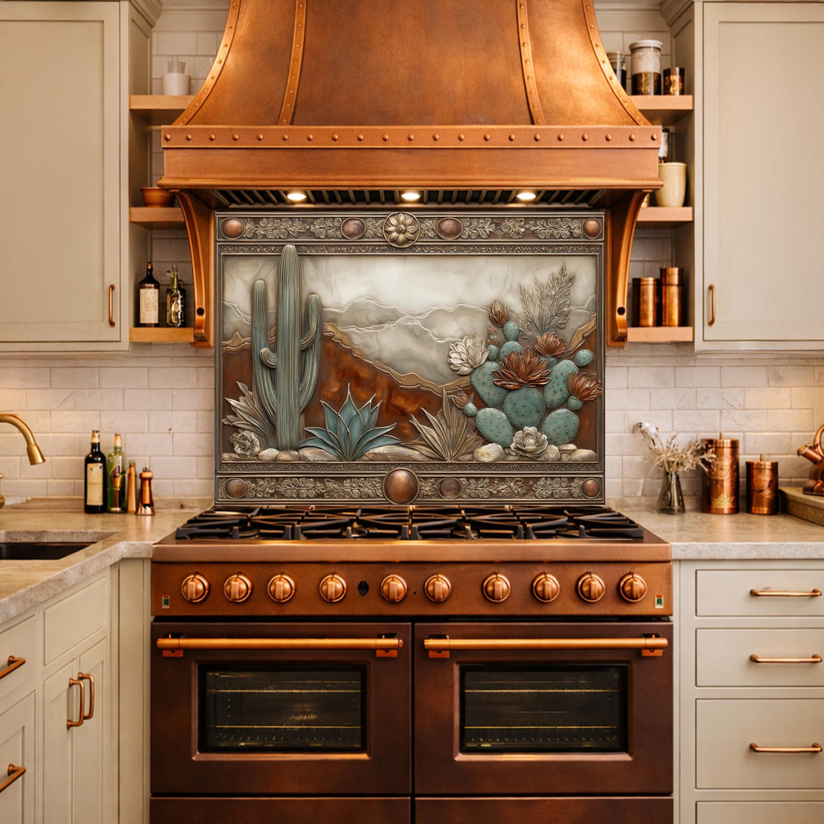 Desert Landscape Tempered Glass Backsplash, Copper Look Saguaro Cactus Wall Panel, Custom Size
