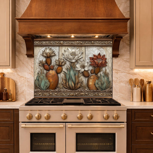 Desert Oasis Tempered Glass Backsplash, Copper Look Saguaro Cactus Wall Panel, Custom Size