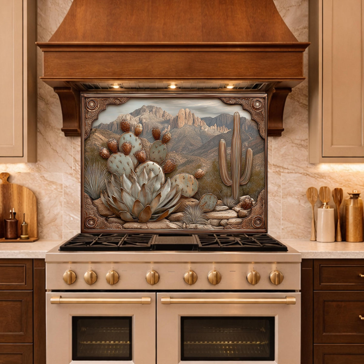 Desert Wilderness Tempered Glass Backsplash, Copper Look Cactus Mountain Wall Panel, Custom Size