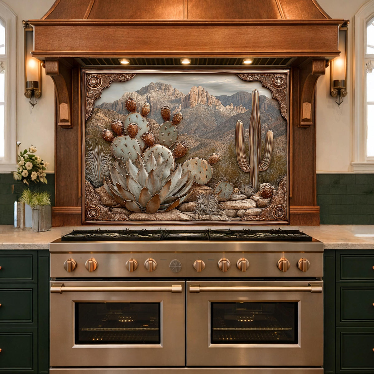 Desert Wilderness Tempered Glass Backsplash, Copper Look Cactus Mountain Wall Panel, Custom Size
