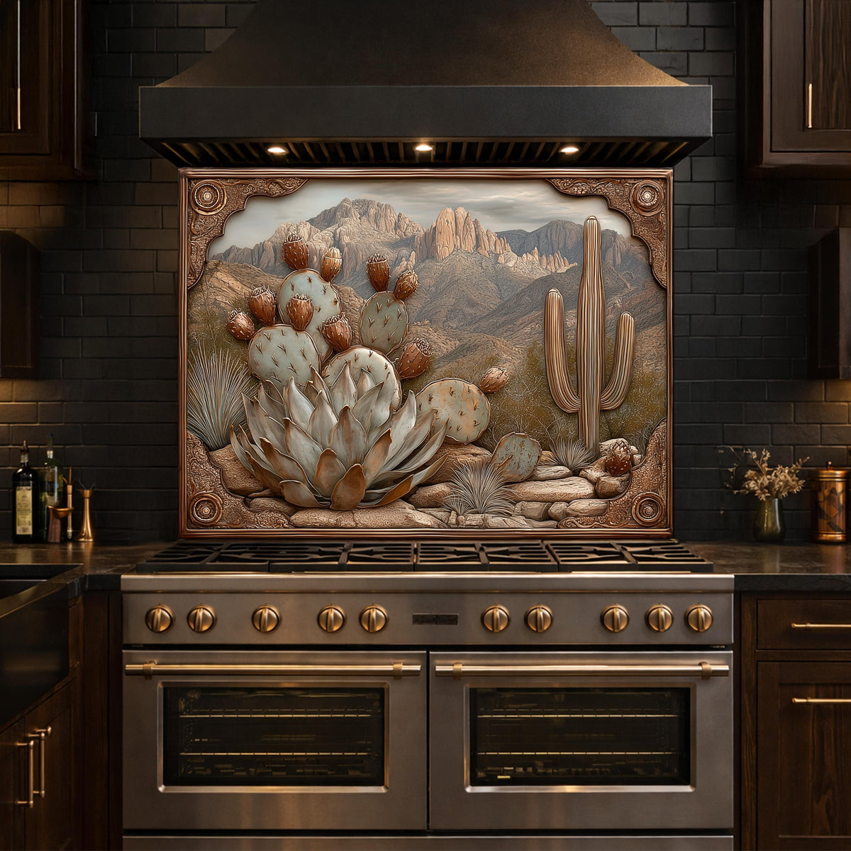 Desert Wilderness Tempered Glass Backsplash, Copper Look Cactus Mountain Wall Panel, Custom Size