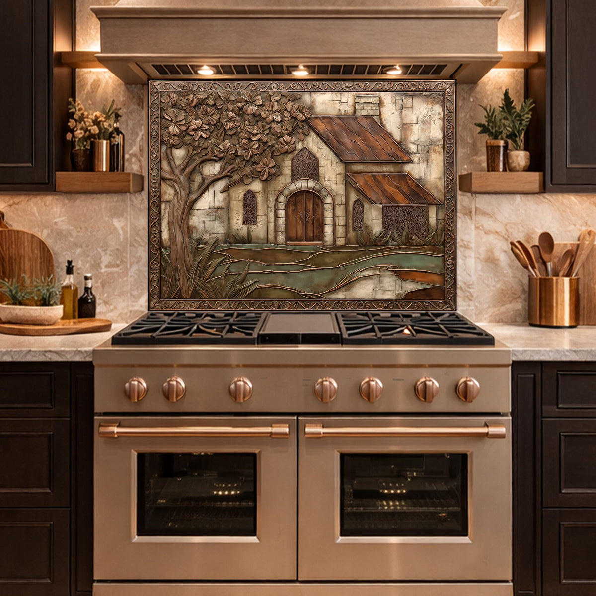 Vintage Cottage Tempered Glass Backsplash, Copper Look Farmhouse Wall Panel, Custom Size