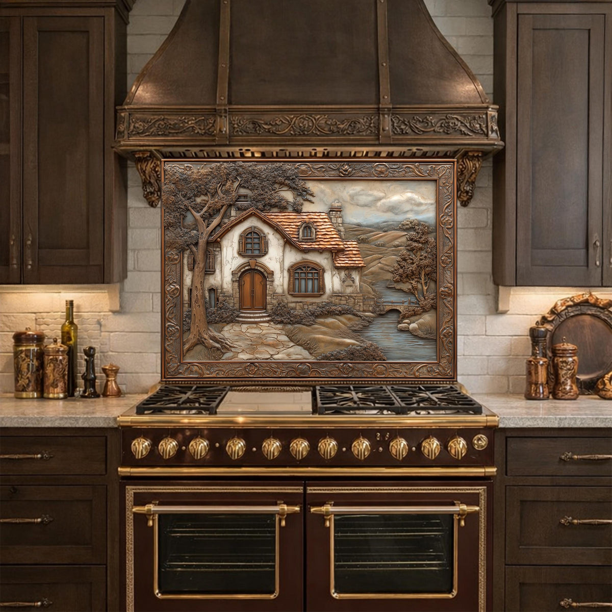 Rustic Farmhouse Tempered Glass Backsplash, Copper Look Country Cottage Wall Panel, Custom Size