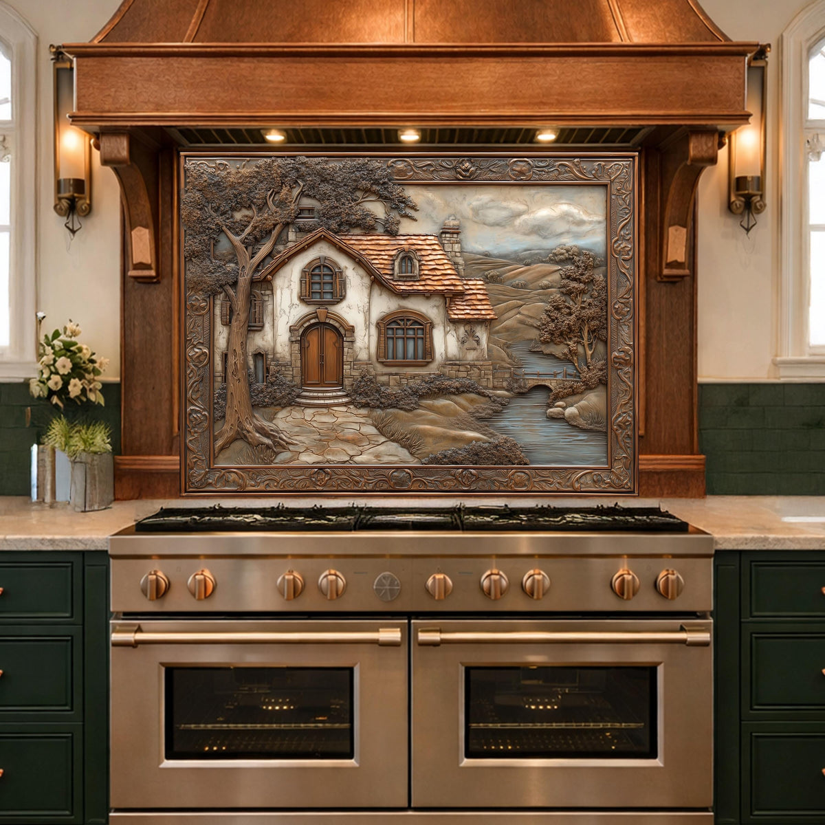 Rustic Farmhouse Tempered Glass Backsplash, Copper Look Country Cottage Wall Panel, Custom Size