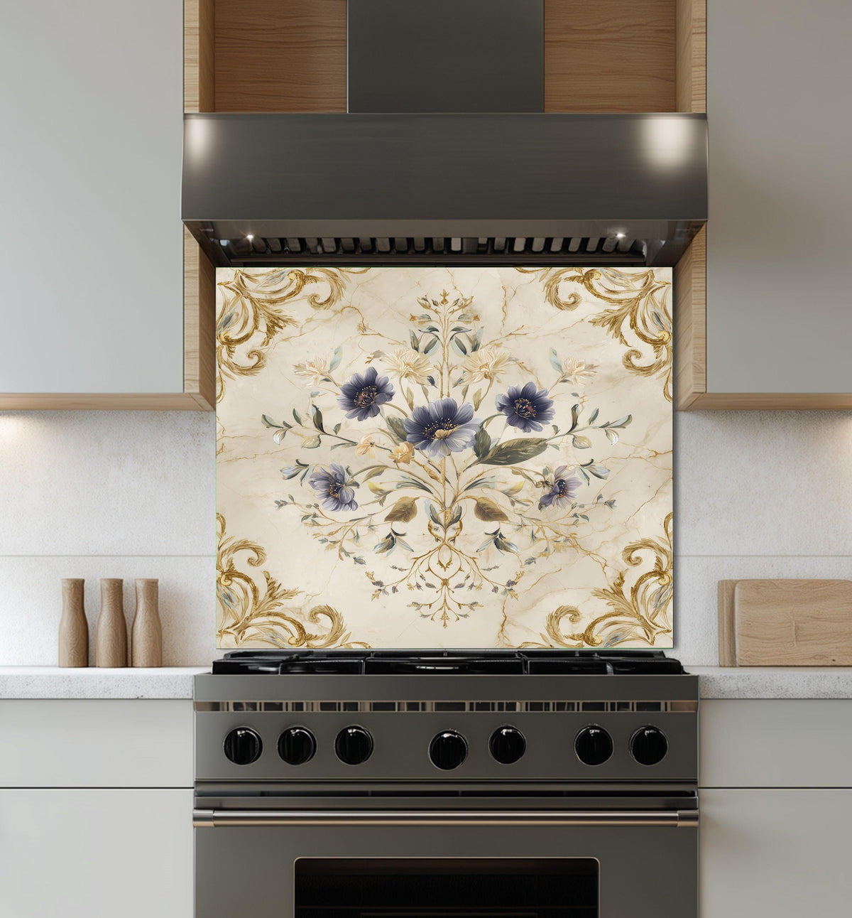 Blue Floral Damask Backsplash, Gold Varak Marble Stove Guard, Custom Size Glass Art