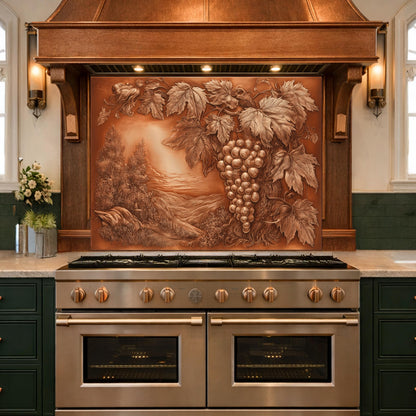 Vineyard Harvest Tempered Glass Backsplash, Copper Look Grapes and Vines Wall Panel, Custom Size