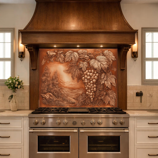 Vineyard Harvest Tempered Glass Backsplash, Copper Look Grapes and Vines Wall Panel, Custom Size