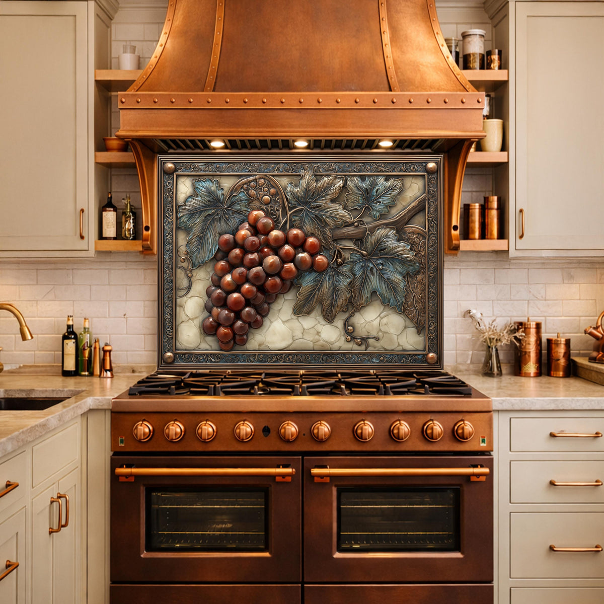 Vineyard Harvest Tempered Glass Backsplash, Copper Look Grapes and Vines Wall Panel, Custom Size
