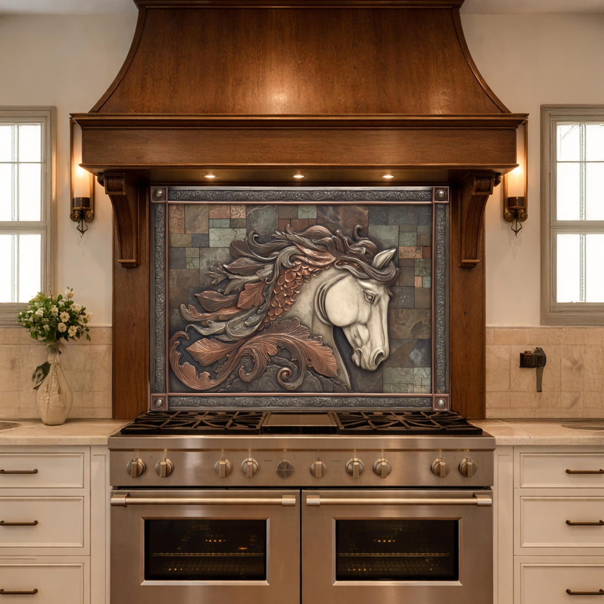 Equestrian Spirit Tempered Glass Backsplash, Copper Look Horse Portrait Wall Panel, Custom Size
