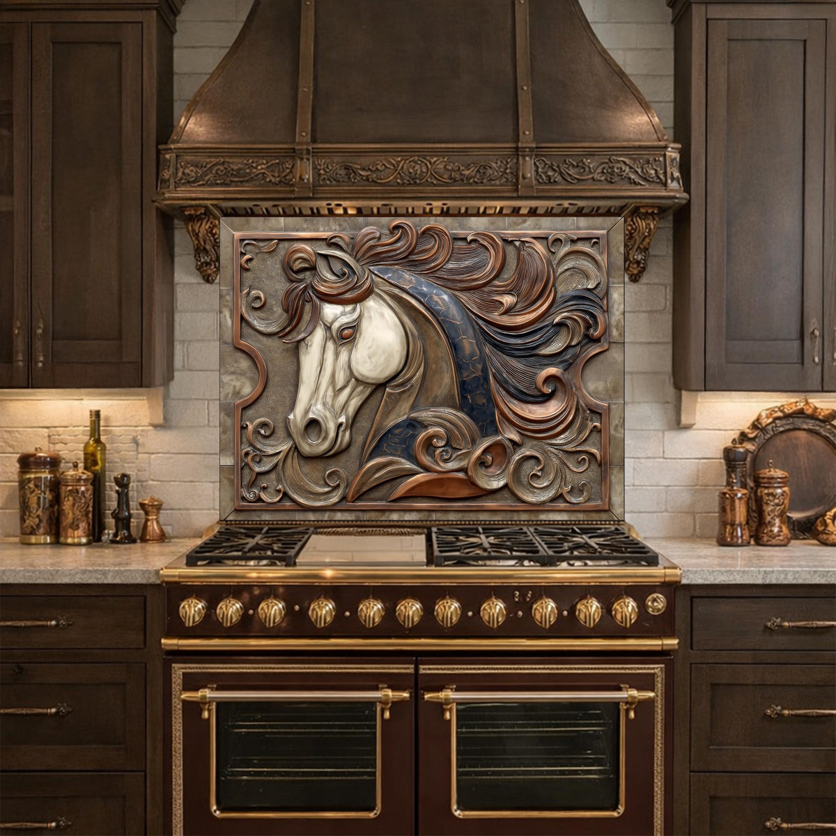 Equestrian Art Tempered Glass Backsplash, Copper Look Flowing Mane Horse Wall Panel, Custom Size